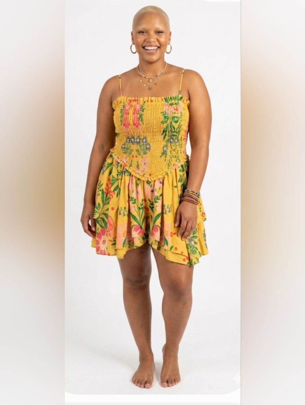 Boho Tropical Island Mini Sundress Smocked Asymmetrical Hem Floral Large New